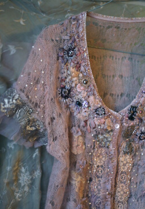 RESERVED for BB----romantic delicate mohair lace cardi, hand embroidered and beaded, with delicate antique laces