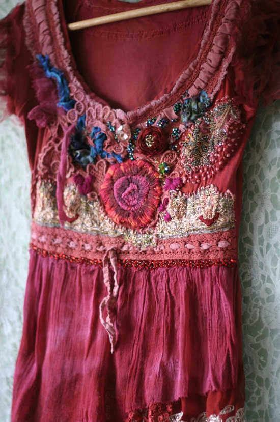 Flamenco--romantic embroidered blouse, top, textile collage, wearable art, hand dyed, hand beaded details,