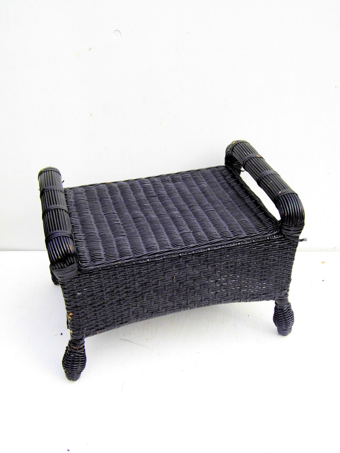 Vintage Wicker Footstool Mid Century Black by PaperWoodVintage