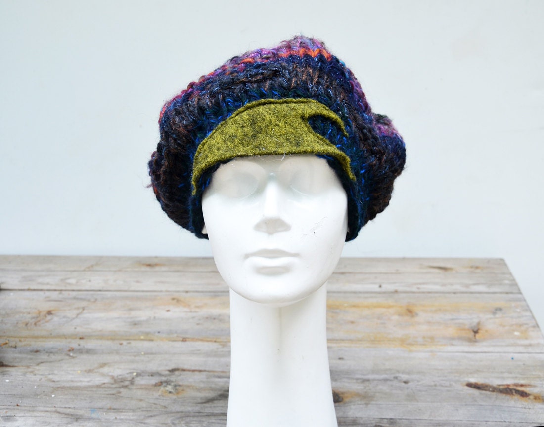 Vivid beret hand knited art to wear wearable art soft combined with wool felt elements, unique design OOAK, modern look fashion woman hat 94 - ZOJKAshop
