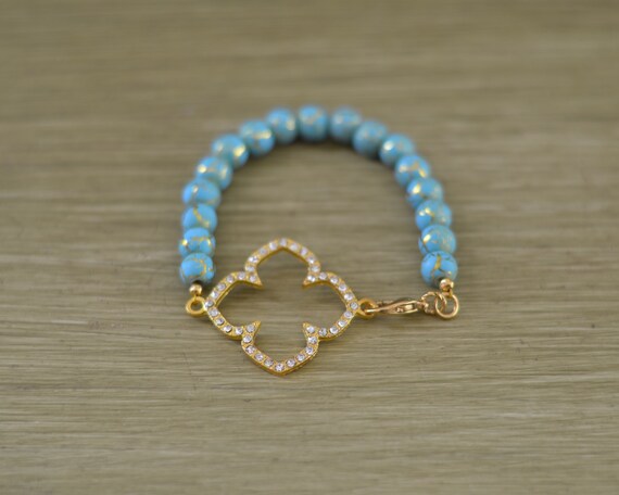 Turquoise Beaded Gold Clover Bracelet Four Leaf Clover Bracelet Turquoise and Gold Bracelet