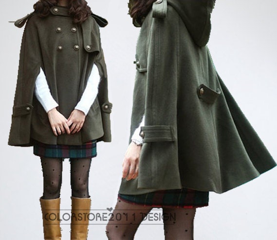 Army green cape Wool Cape Cashmere coat double breasted button coat winter coat Hood cloak Hoodie cape Hooded Cape dy03 M,L