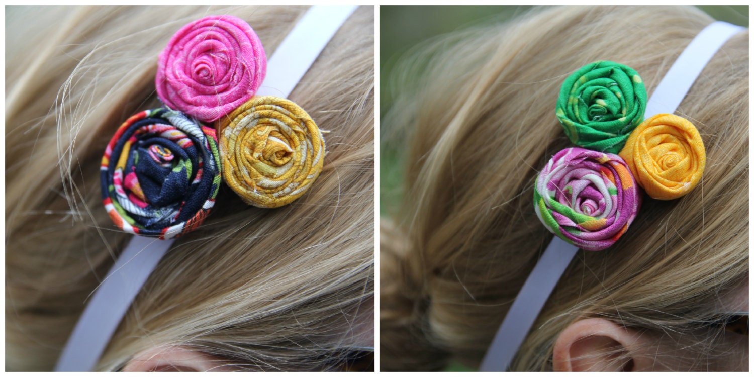 2 in 1 Interchangeable no slip headband with fabric rosettes that will fit any age from babies to adults