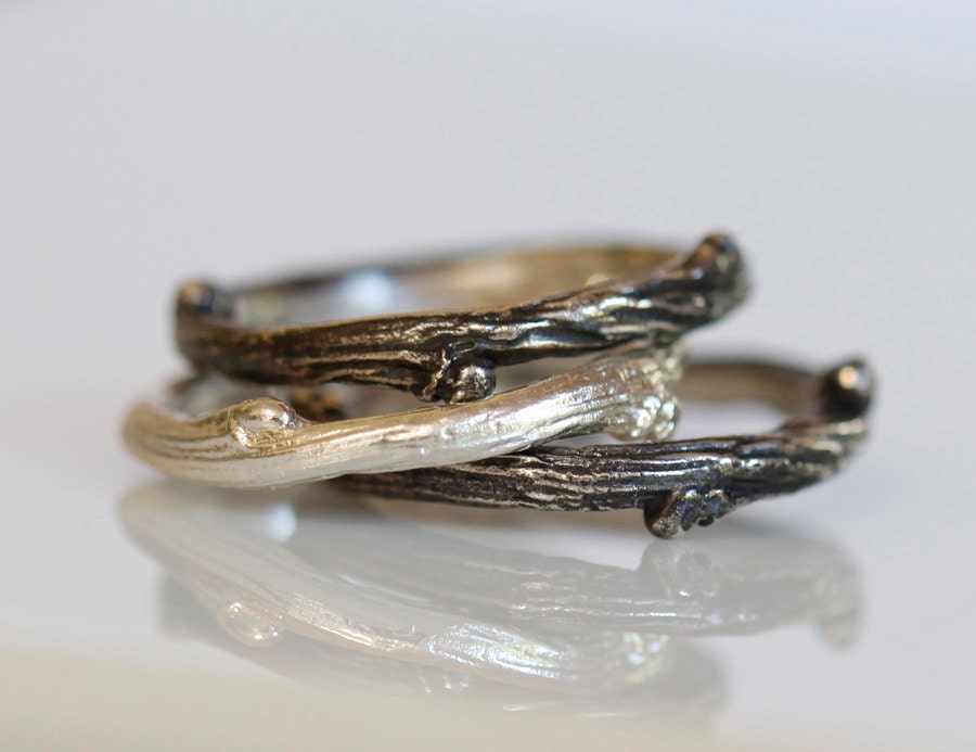 Willow twig ring, sterling silver stacking rings, twig stacking set, Made to order, your size - iacua