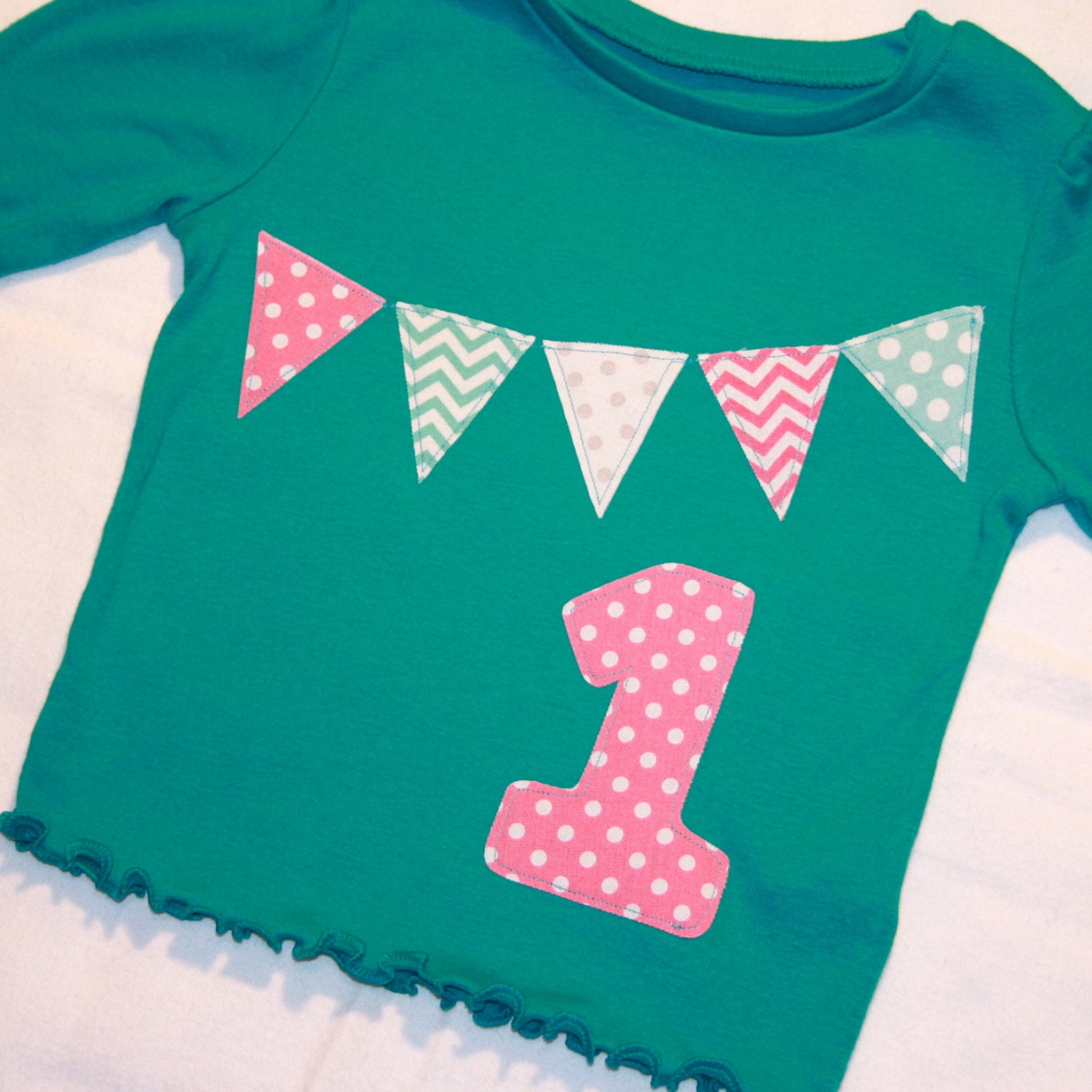 Girls 1st Birthday Pennant Shirt - Size 18 month aqua long sleeved with number 1 and pennant banner in pink and aqua - ThePolkaDotTotSpot