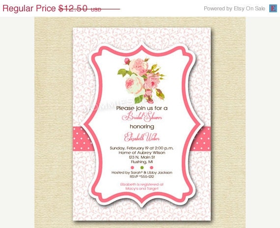 10% Off Holiday Sale Shabby Chic Pink Roses and Swirls Bridal Shower Invite - PRINTABLE INVITATION DESIGN Il_570xn