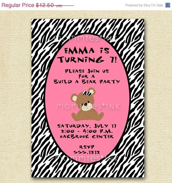 10% Off Holiday Sale Teddy Bear with Zebra Print Birthday Party Invitation - Girls - PRINTABLE INVITATION DESIGN Il_570xn