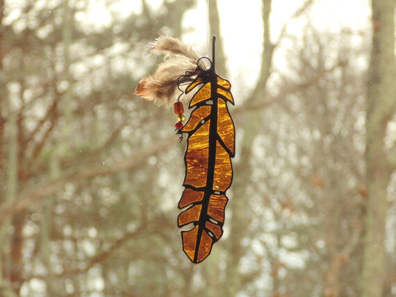 Feather suncatcher stained glass tribal by DesignsStainedGlass