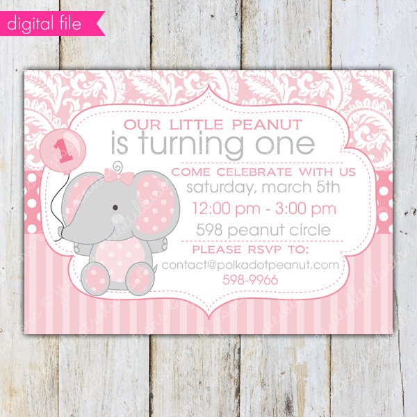 Baby Girl Balloon Elephant Printable Invitation - Baby Shower Invitation, Baby Birthday Invitation - Print Your Own Party Invitation- BLANK Il_570xn