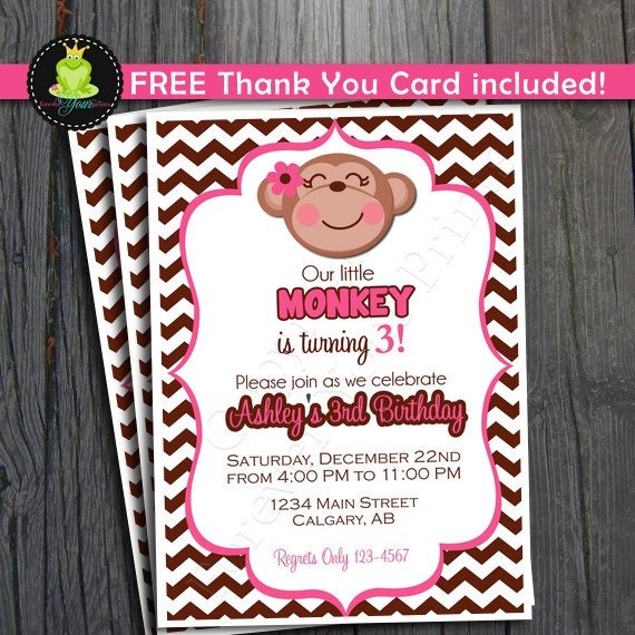 Monkey Birthday Invitation - FREE Thank You Card included Il_570xn