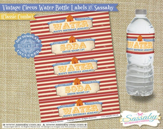Vintage Circus Water Bottle Labels - Kids Birthday Party - DIY PRINTABLE FILE by Sassaby Il_570xn