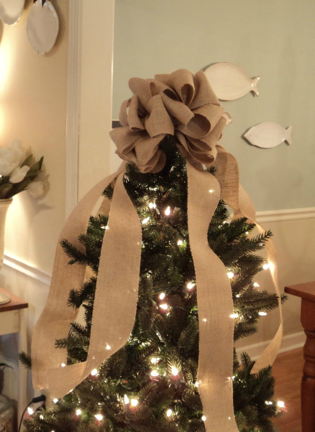 Large Christmas Tree Topper Burlap Bow Natural by theruffleddaisy