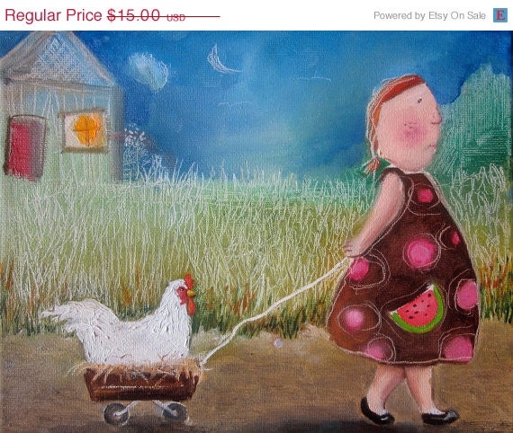 For KIM- girl with chicken giclee art print 6"x8"