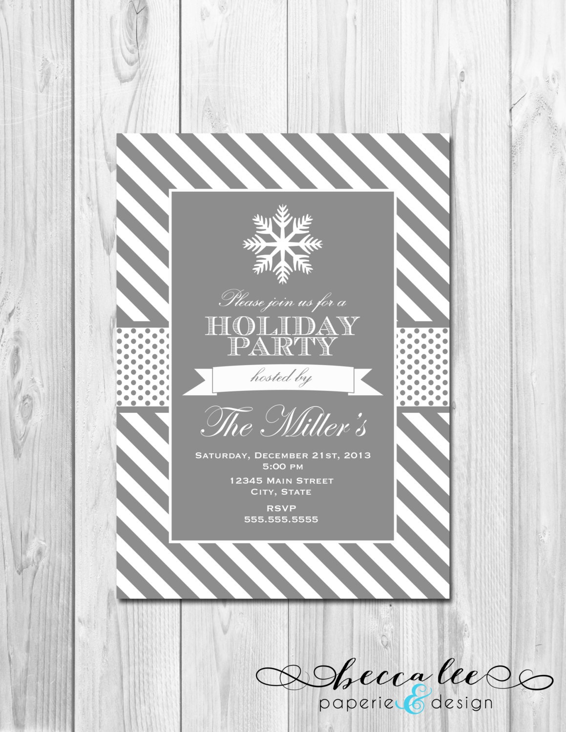 Holiday Party Invitation - Single Snowflake - Grey and White Stripes - DIY - Printable Il_570xn