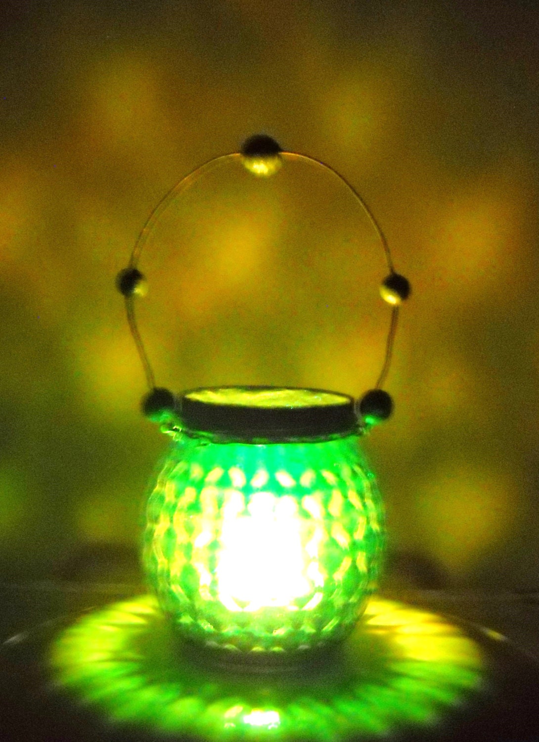 SPRING SALE - Hanging green lantern  - beaded wire handle - made from a pretty jelly jar - for LED candle - ChickenJungle