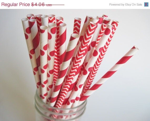 ON SALE 25 Red Stripe, Dot and Chevron Paper Straw Mix -- ships less than 24 hours Il_570xn