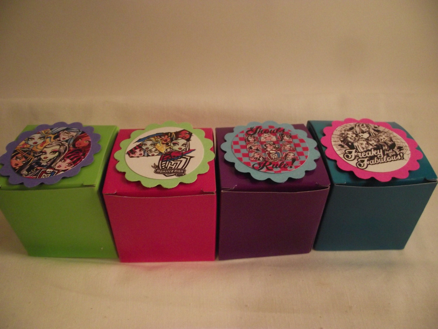 12 Monster High Birthday Party Favor Boxes - Perfect for candy and bottlecap necklaces - You choose the theme