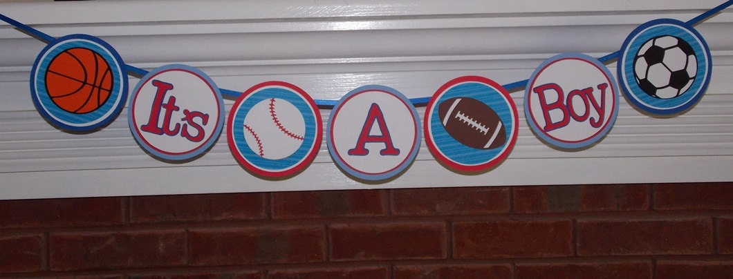 Sports It's A Boy Shower Banner ... Red Blue White ... Basketball Baseball Football Soccer ... multi shipping & DIY PRICE options avail. Il_570xn
