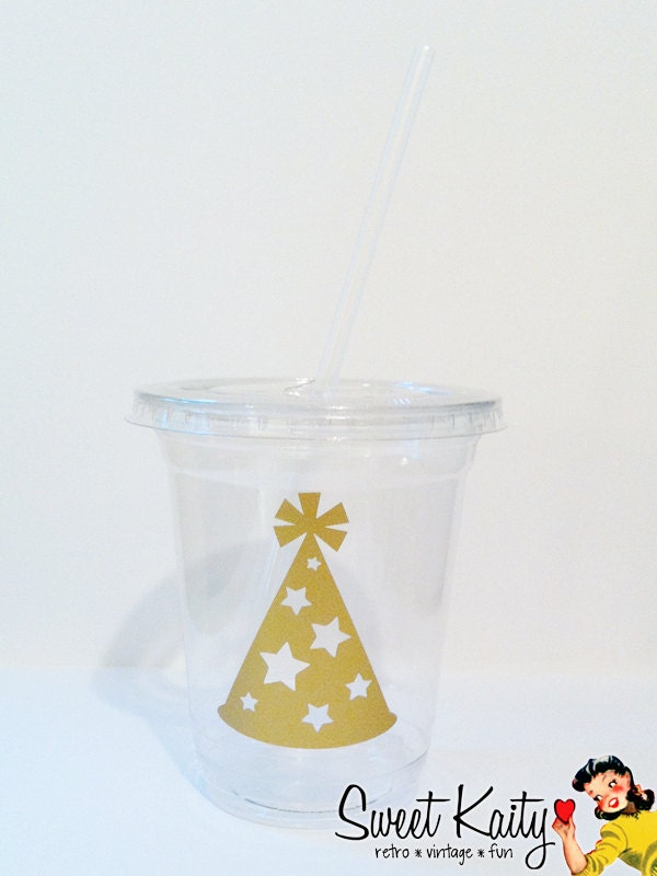 24 Vintage Party Hat Party Cups, Lids, and Plastic Straws - 12 oz or 16 oz - Metallic Gold Decal - Wedding, Birthday, Baby Shower, Party Il_570xn