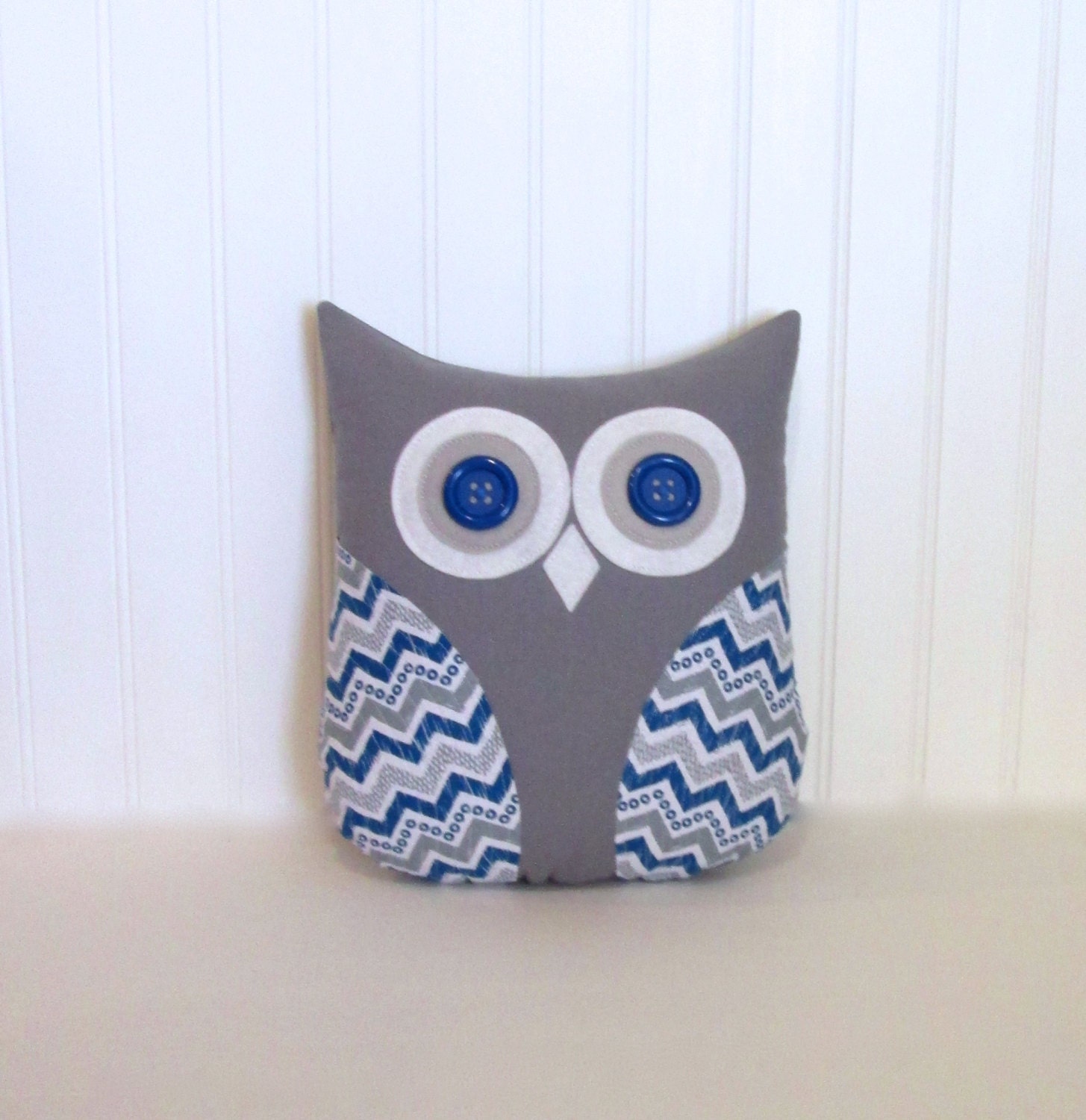 blue owl pillow, royal blue, gray and white pillow, blue and gray