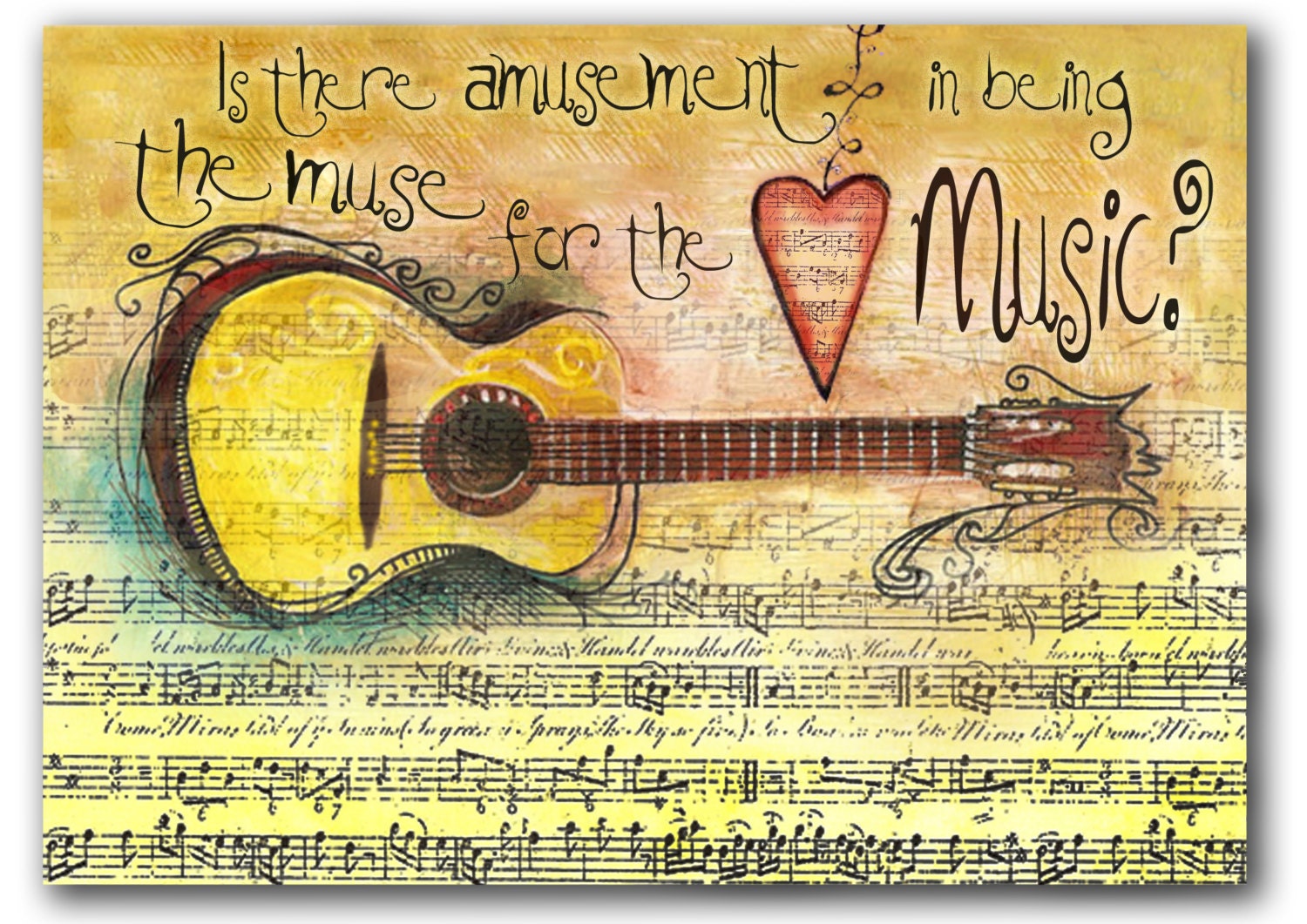 5 X 7 Guitar Muse for the Music -  Giclee Print in Colors of Yellow, Tan and Brown - christinafajardoart