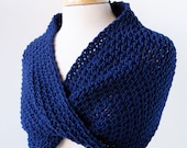 Women's Fashion Accessories - Hand-Knit Scarf Wrap with a Twist - Merino Wool - Navy Blue - ElenaRosenberg