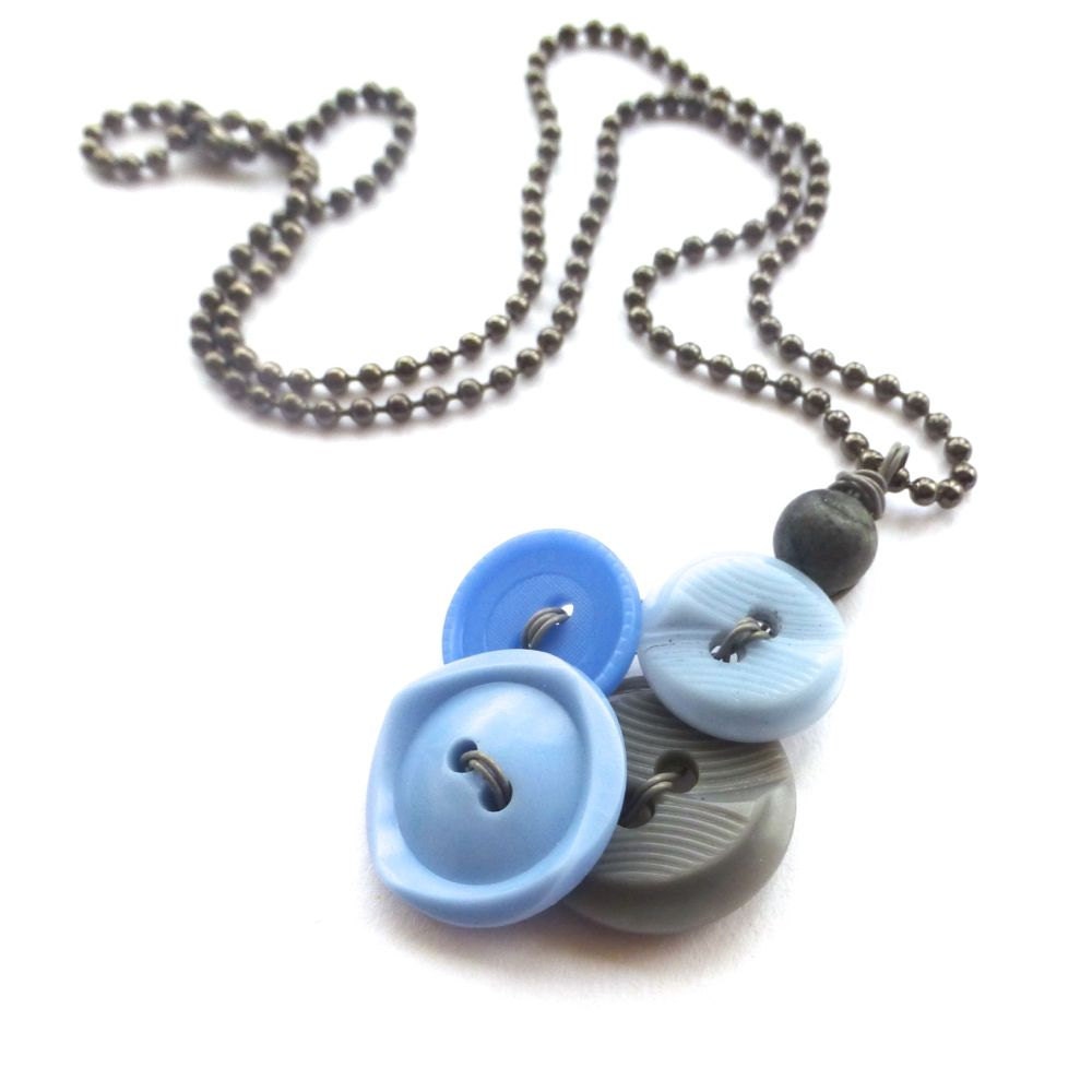 Small Light Blue and Gray Cluster Vintage Button Jewelry Pendant Necklace - buttonsoupjewelry