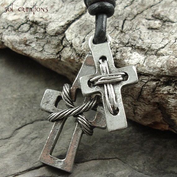 Mens Leather Necklace - Pewter Cross Pendants, Brown Cord - Surfer, Christian, Jesus