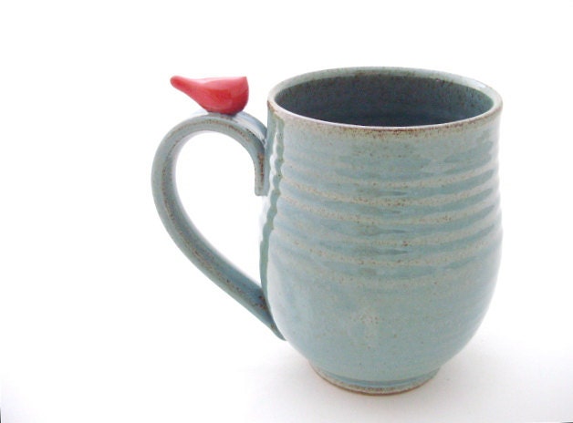 Made to Order Large Handmade Pottery Mug With a Little Red Bird - AbbyTPottery