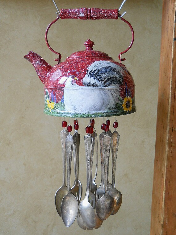 Red Rooster Old Tea Kettle Upcycled into a by wearetheedge