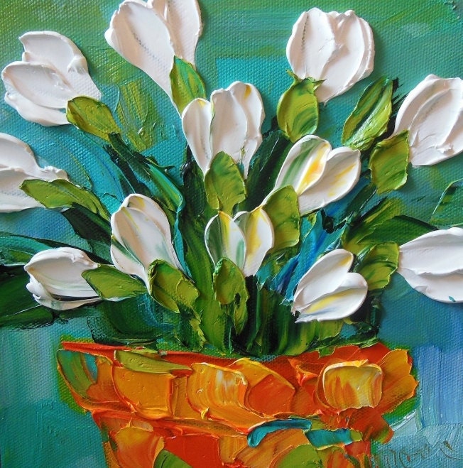 Oil Painting Art White Tulips on Teal Impasto
