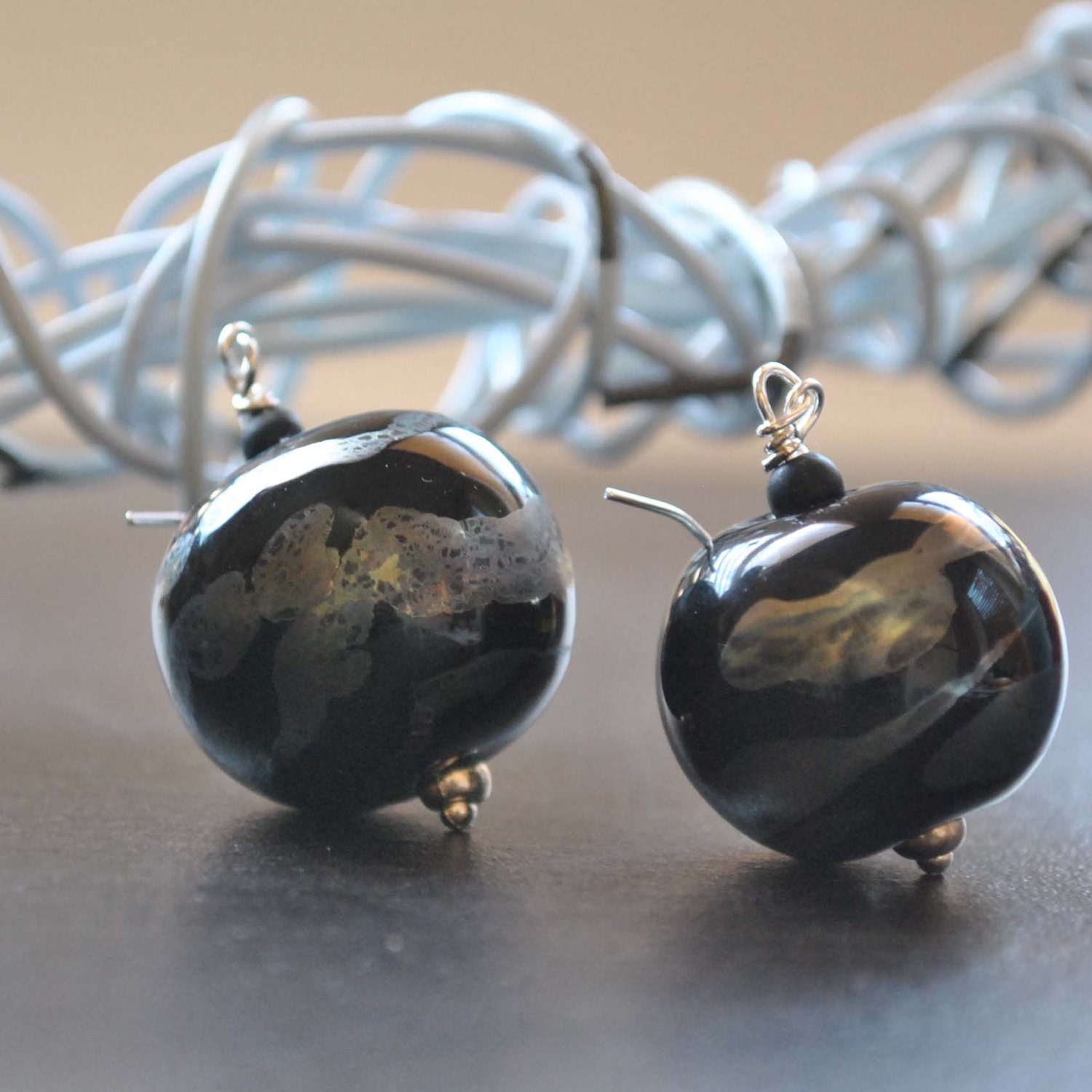 Large Black Hollow Glass Earrings, Metallic Gray, Artisan Beaded Dangle Earrings, Oil Slick Earrings - bstrung