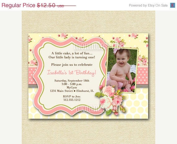 HOLIDAY SALE 10% off Shabby Chic Pink Roses with Yellow Polka Dots Photo Birthday Party Invitation Invite - PRINTABLE Invitation Design Il_570xn