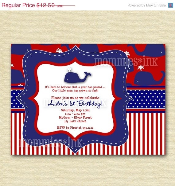 HOLIDAY SALE 10% off Preppy Whale Birthday Party Invitation - PRINTABLE Invitation Design Il_570xn