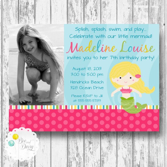 Little Mermaid Printable Photo Invite for Birthday Party or Baby Shower DIY Invitaion by BeeAndDaisy CHOOSE hair color Il_570xn