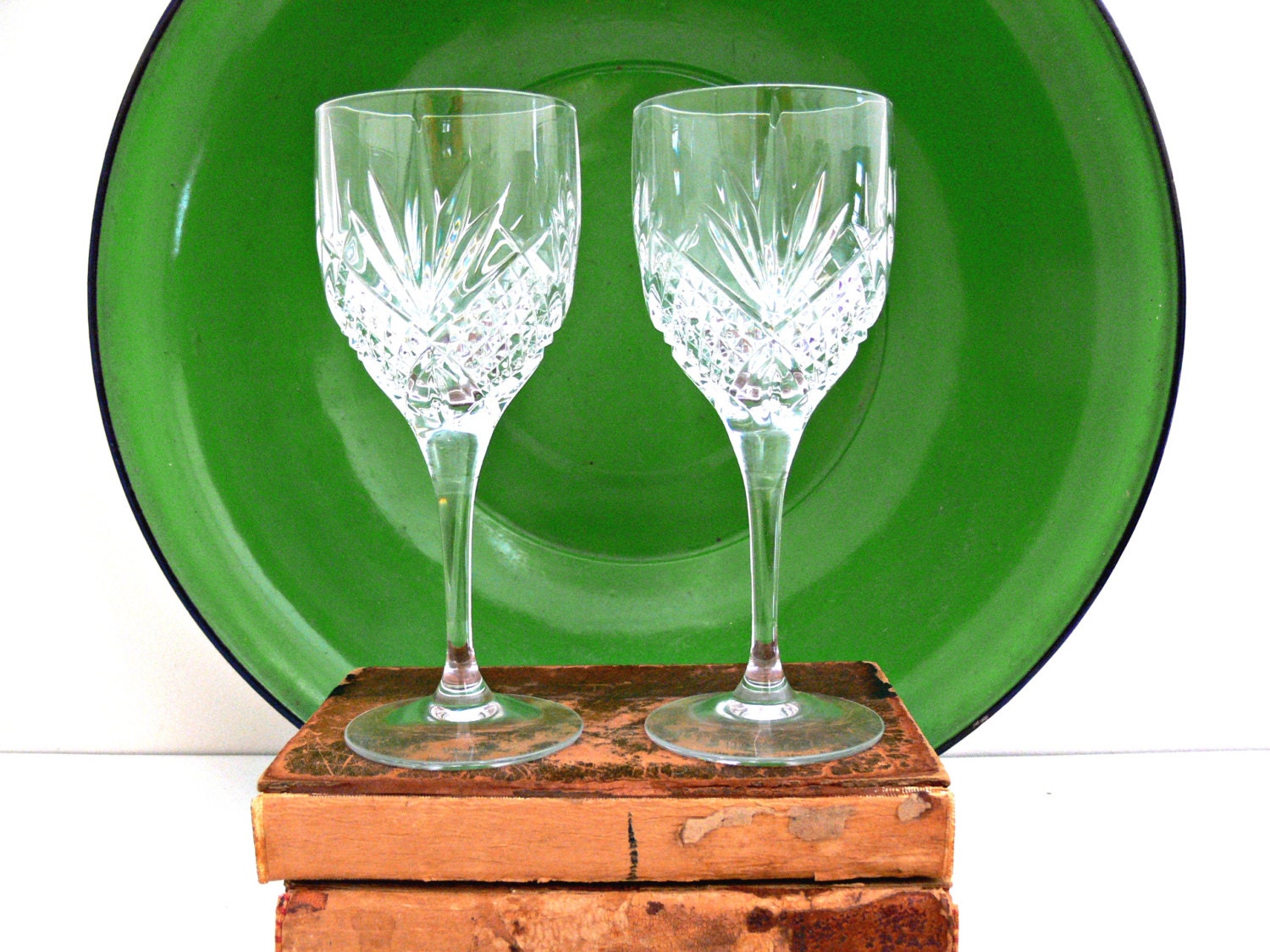 Vintage Crystal Wine Glasses Set of 2 Diamond by EitherOrFinds