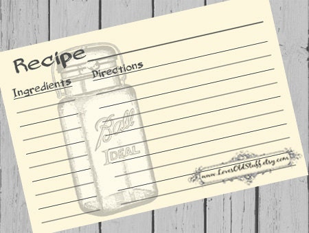 Mason Jar Recipe Cards 4x6 Printable Recipe Card by lovesoldstuff