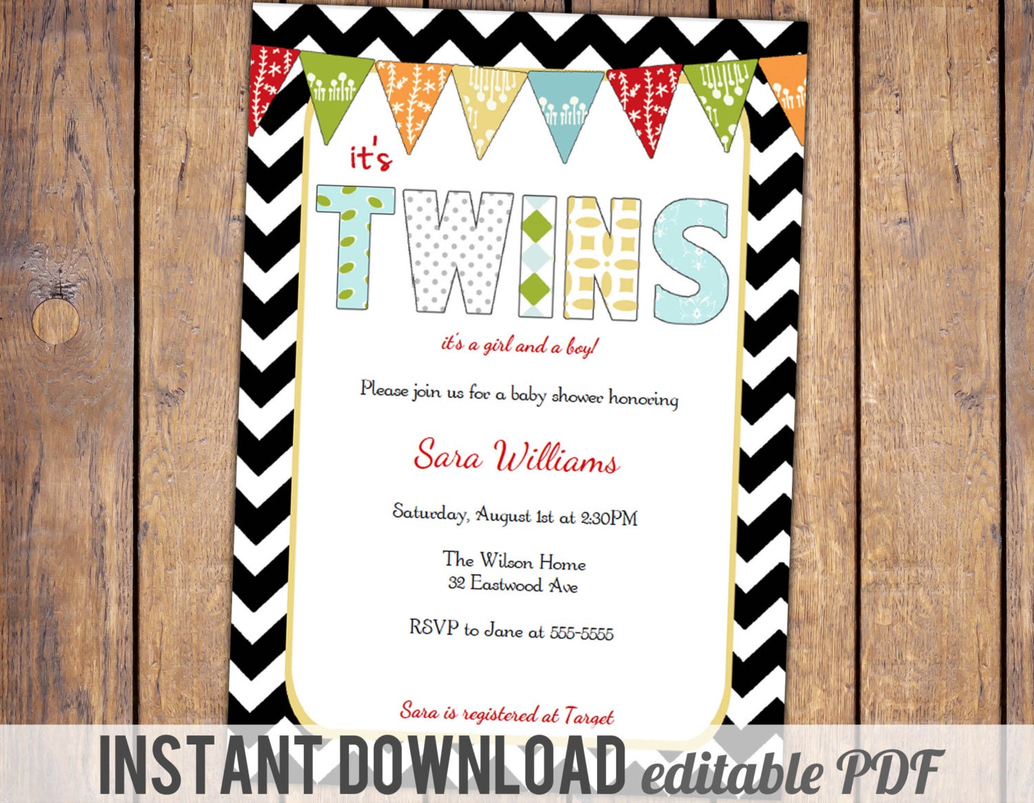 twins baby shower invitations for twin boy and girl, chevron, red ...