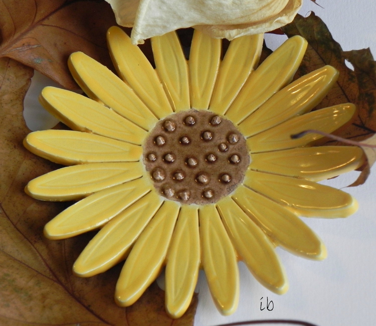Sunflower Ceramic Dish Pottery Jewelry Plate Summer Home Decoration Yellow with Brown Dots - Ceraminic