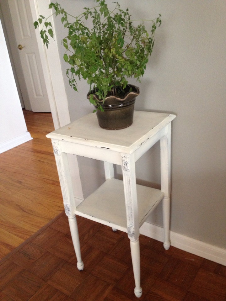 Vintage distressed white shabby chic end table by WoodandWine