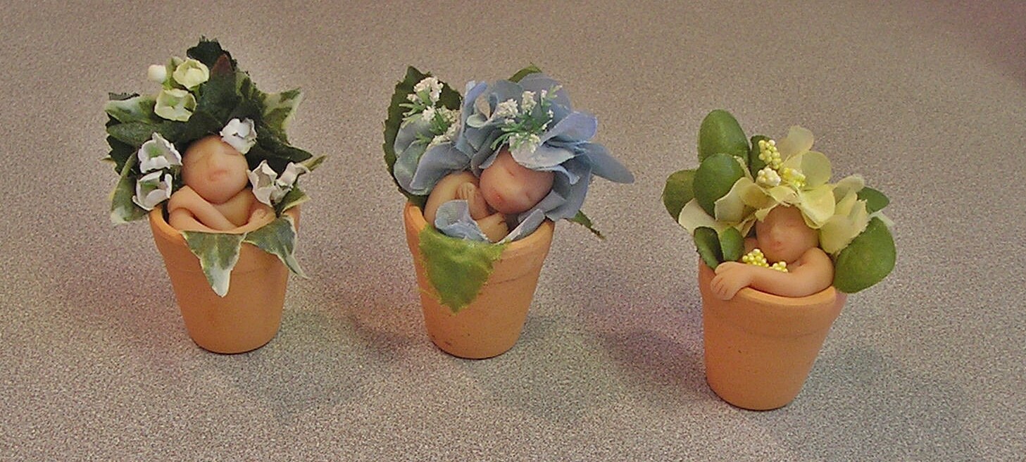 Flower Pot babies miniature polymer clay art by FantasiaCreations