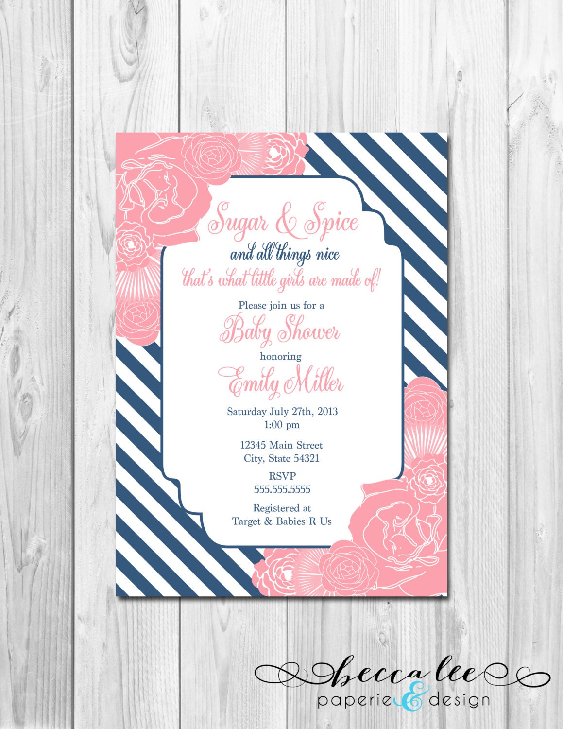Sugar and Spice Baby Shower Invitation - Stripes and Flowers - Pink and Navy Blue - DIY - Printable Il_570xn