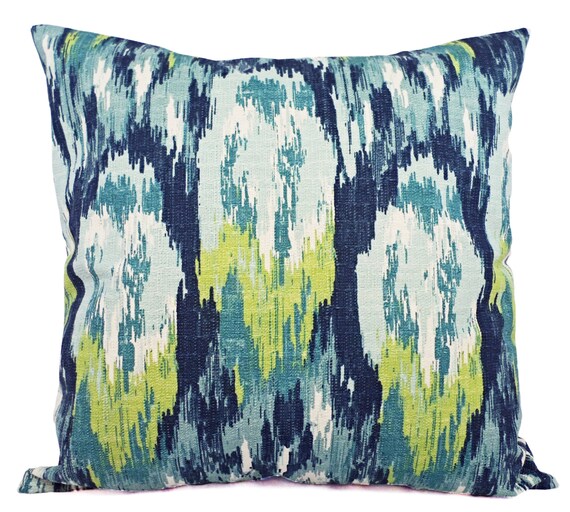 Throw Pillow Covers Two Blue and Green Ikat by CastawayCoveDecor