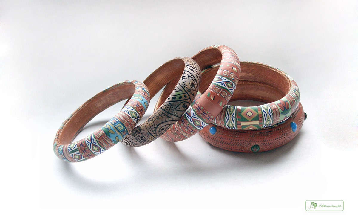 Africa (N1-N5) Polymer clay Bracelets in terracotta, blue, green, brown and light yellow colors - ViMhandmade