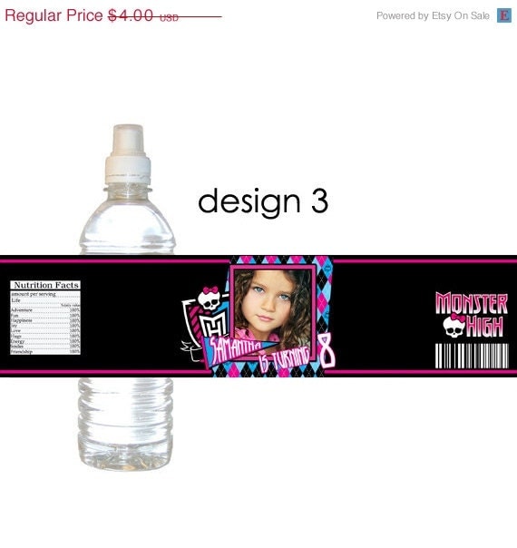 30% off sale Monster high birthday party water bottle label