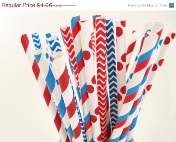 Cyber Week SALE 10% OFF 25 Dr. Seuss Red, White and Bright Blue Paper Straw Mix - Stripe, Dot & Chevron - ships less than 24 hours Il_570xn