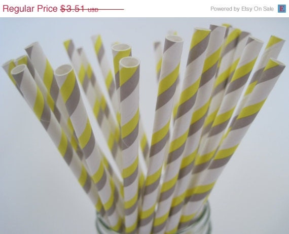 ON SALE 25 Grey and Yellow Strpe Paper Straws - ships less than 24 hours Il_570xn