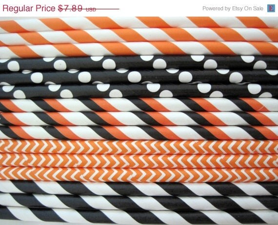 20% off SALE 50 Black and Orange Halloween Paper Straw Mix - Stripe, Chevron & Dot - ships less than 24 hours Il_570xn
