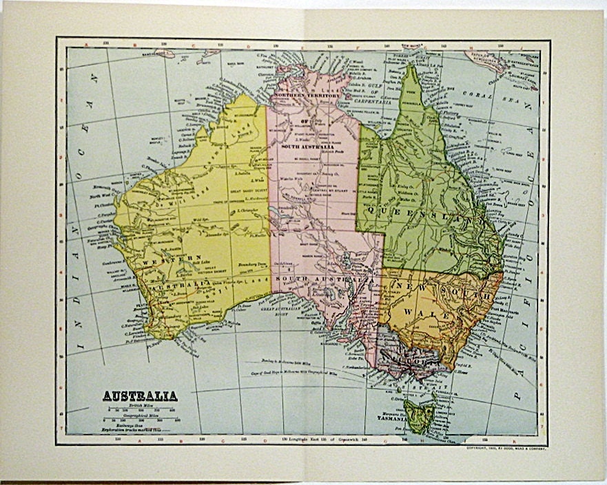 Map of Australia Australian Map 1890s Full Color Engraving/Lithograph