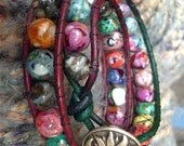 Marbled JASPER LEATHER Wrap Bracelet: a Rainbow of Multi Color Glass Beads, Ombre Leather Cord, Decorative Flower Button, Gift for Her OOAK - TwinklingOfAnEye